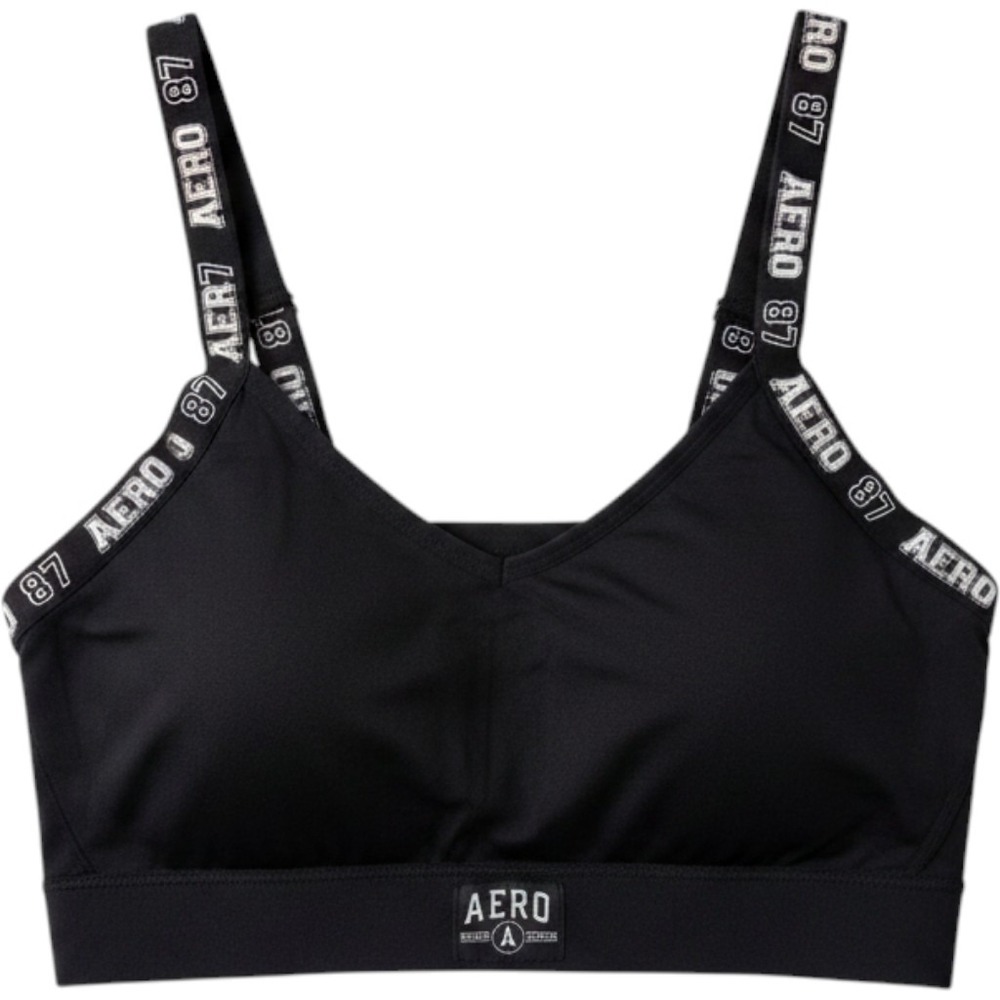 Aeropostale Womens Black Aero 87 Logo Tape Strap Sports Bra Crop Top Size Medium